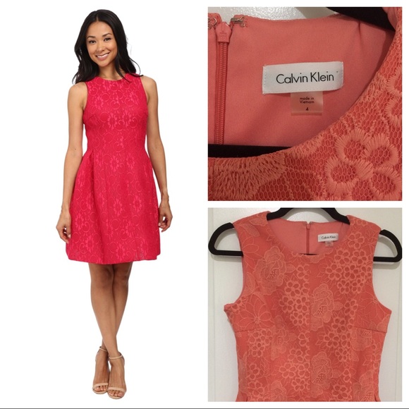 calvin klein red lace dress Calvin Klein Fit Flare Lace Dress Size 8 Sleeveless Back Zipper Womens